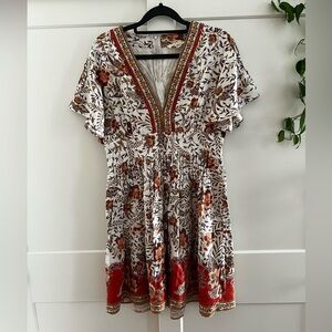 Iris V-Neck Mini Dress with Red and Brown Floral Design